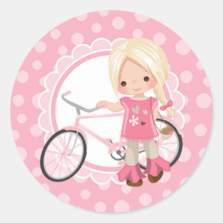 Blonde Bicycle Girl - Roze wit Ronde Sticker
