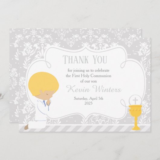 Blonde Boy First Community Damask Bedankkaart (Voorkant / Achterkant)