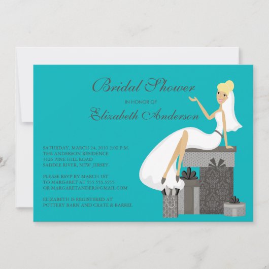 Blonde Bride Bridal Shower Invitation Turquoise Kaart (Voorkant)