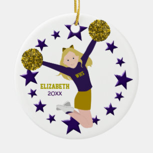 Blonde Cheerleader pom poms in het Paars en goud Keramisch Ornament