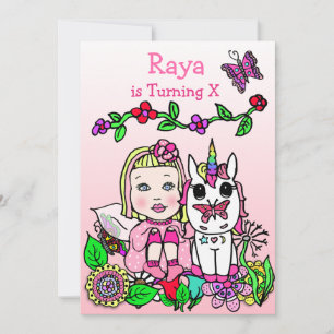 Blonde fee en eenhoorn roze verjaardag kaart