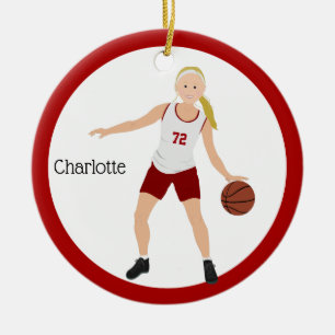 Blonde Girl Basketball Player in rood en wit Keramisch Ornament