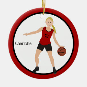 Blonde Girl Basketball Player in rood en zwart Keramisch Ornament