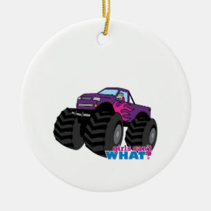 Blonde Girl Drift Paarse Monster Truck Keramisch Ornament