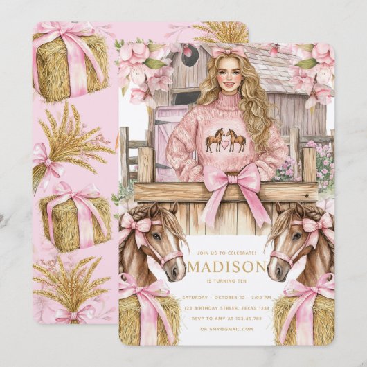 Blonde Girl Horse Birthday Invitation (Devant / Derrière)