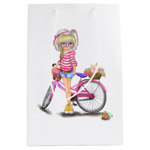 Blonde Girl met roze bike Gift Bag Medium Cadeauzakje