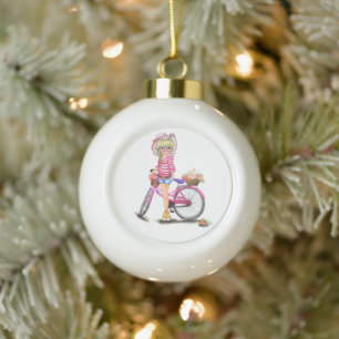 Blonde Girl met roze kerst-kerstversiering Keramische Bal Ornament