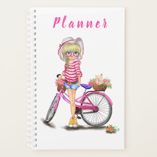 Blonde Girl Planner avec Vélo Rose (Devant)