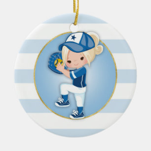 Blonde Girls Blue Softball Keramisch Ornament