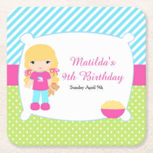 Blonde Hair Girl Sleepover Slumber Party Vierkante Kartonnen Onderzetter