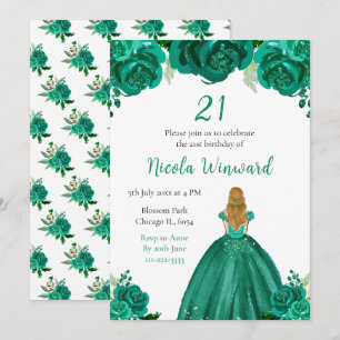 Blonde Hair Princess Green Bloemen Verjaardagsfees Kaart