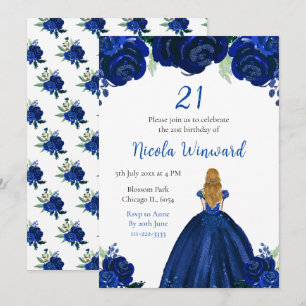 Blonde Hair Princess Navy Bloemen Verjaardagsfeest Kaart
