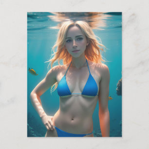 Blonde Haire Woman Blue Bikini Underwater Foto Briefkaart