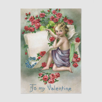 Blonde-Haired Valentine Cherub with Red Roses Tissuepapier