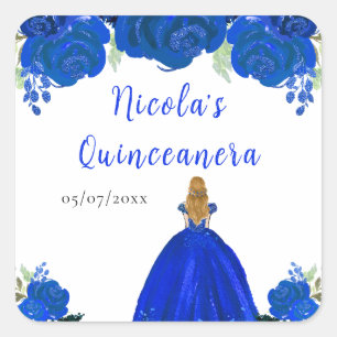 Blonde Haren Prinses Blauwe Bloemige Quinceanera Vierkante Sticker