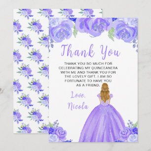 Blonde Haren Prinses Paarse Bloem Quinceanera Bedankkaart