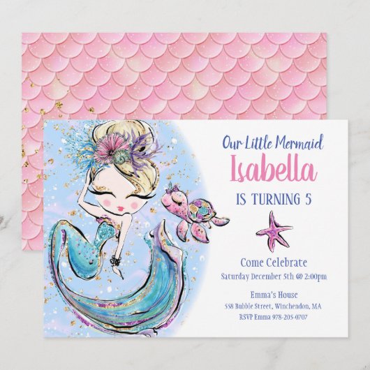 Blonde Mermaid Invitation de fête d'anniversaire (Devant / Derrière)