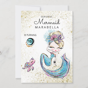 *~* Blonde Mermaid Zee Turtle Glitter Birthday Kaart