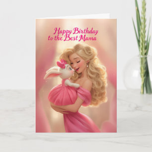 Blonde moeder met baby konijn in hete roze verjaar kaart