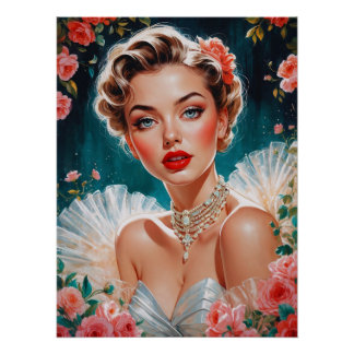 Blonde Pin-Up Portret Rozen en Frills Perfect Poster