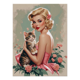 Blonde pin-up rode jurk en Schattigee kat Perfect Poster