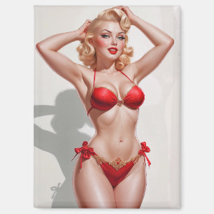 Blonde pin-up rood ondergoed magneet