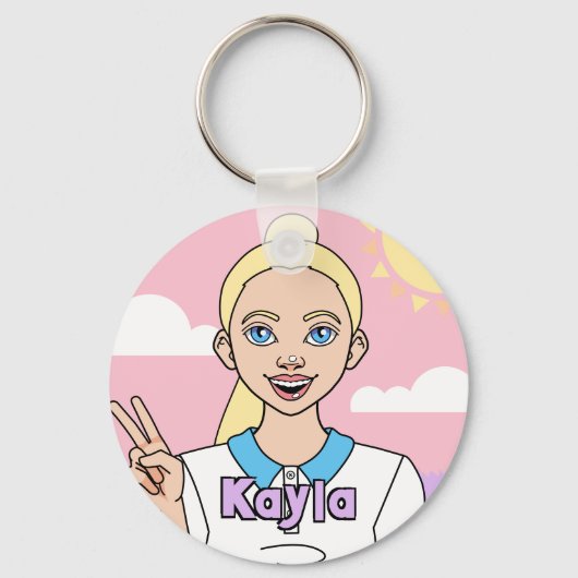 Blonde Pink Cartoon Girl School Student Sleutelhanger (Voorkant)