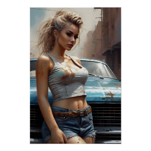 Blonde Pinup Kunstwerk Oldtimer kunst Perfect Poster (Voorkant)