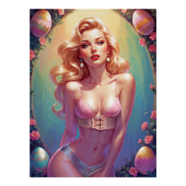 Blonde Pinup Roze Ondergoed Paaseieren Perfect Poster
