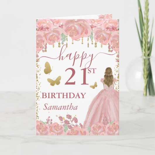 Blonde Prinses Roze Gouden Jurk Verjaardag Kaart (Voorkant)