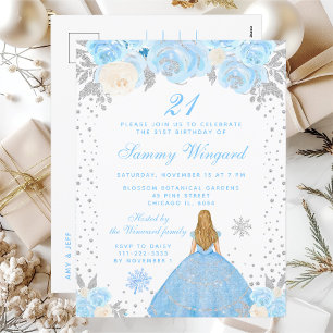 Blonde Prinses Verjaardagsfeest Blauwe Winter Briefkaart