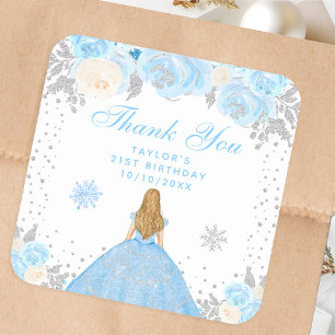 Blonde Prinses Verjaardagsfeestje Blauwe Winter Vierkante Sticker