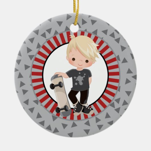 Blonde Skateboard Boy - Grey Red Keramisch Ornament (Voorkant)
