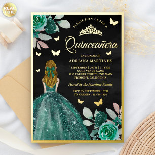 Blonde Smaragd Jurk Vlinder Quinceanera Goud Folie Uitnodiging