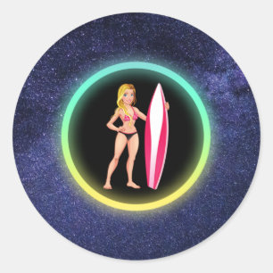Blonde Surfer Teenage Girl Galaxy Ronde Sticker