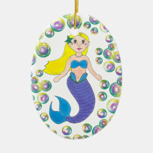 Blonde Swimming Mermaid Girl Bubbles Ocean Zee Keramisch Ornament