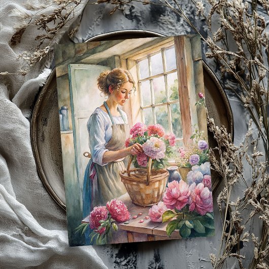  blonde vrouw gearrangeerd roze pioenen tissuepapier