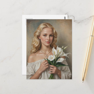 Blonde vrouw met kruis halsketting en bloemen briefkaart