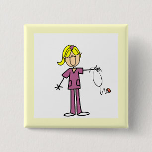 Blonde vrouwelijke stickfigure verpleegster vierkante button 5,1 cm