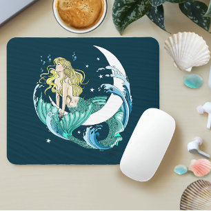 Blonde Zeemeermin Halve Maan Fantasy Art Deco Muismat