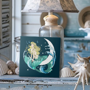 Blonde Zeemeermin Halve Maan Fantasy Art Deco Tegeltje