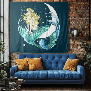 Blonde Zeemeermin Halve Maan Fantasy Art Deco Wandkleed