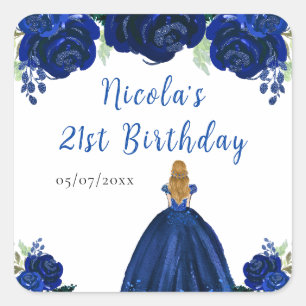 Blondharige Prinses Navy Bloemige Verjaardagsfeest Vierkante Sticker