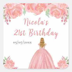Blondharige Prinses Roze Bloemige Verjaardagsfeest Vierkante Sticker