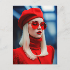 Blondine dame in rood briefkaart