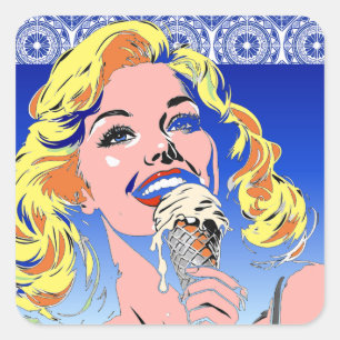 Blondine die ijs eet Kleurrijke popartstijl jaren Vierkante Sticker
