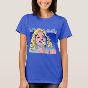 Blondine die ijs eet Kleurrijke popartstijl uit de T-shirt