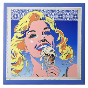 Blondine die ijs eet Kleurrijke popartstijl uit de Tegeltje