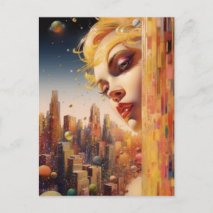 Blondine Haired Vrouw in een Stad Briefkaart