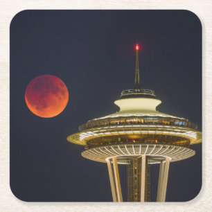 Blood Moon Seattle Space Needle Vierkante Kartonnen Onderzetter